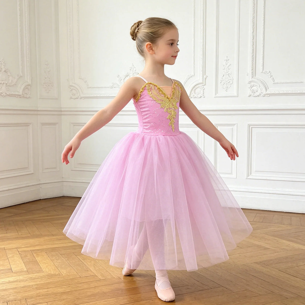 Kids Girls Ballet Dance Leotard Dress Ballerina Costume Professional Performance Dancewear Adjustable Strap Tulle Tutu Dress