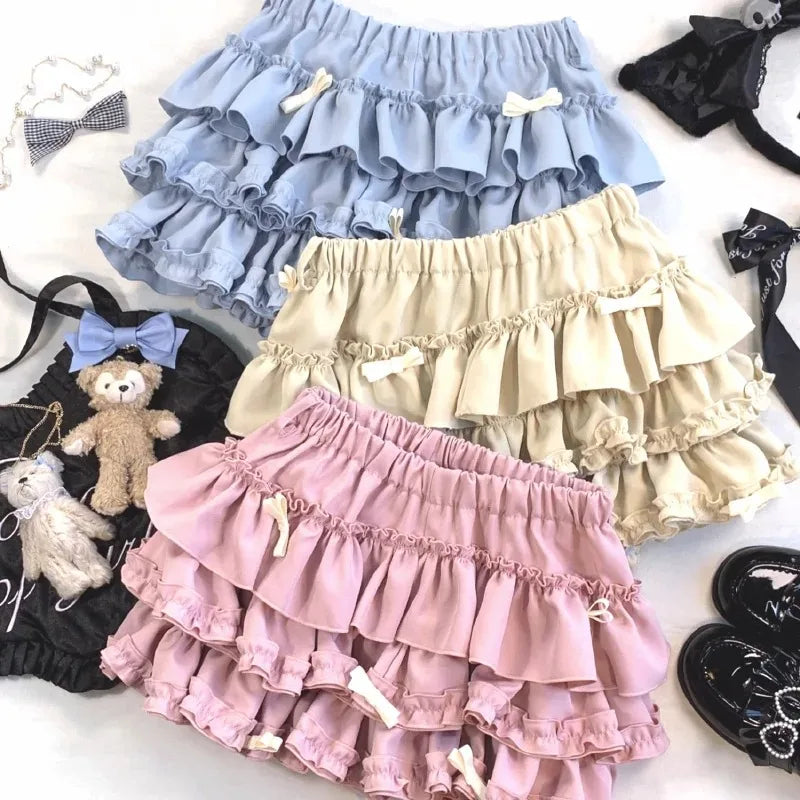Y2K Sweet Ruffles Mini Skirt Women Kawaii Lolita Bow A Line Skirts Harajuku Japanese Cute High Waist Pink Blue Cake Skirt