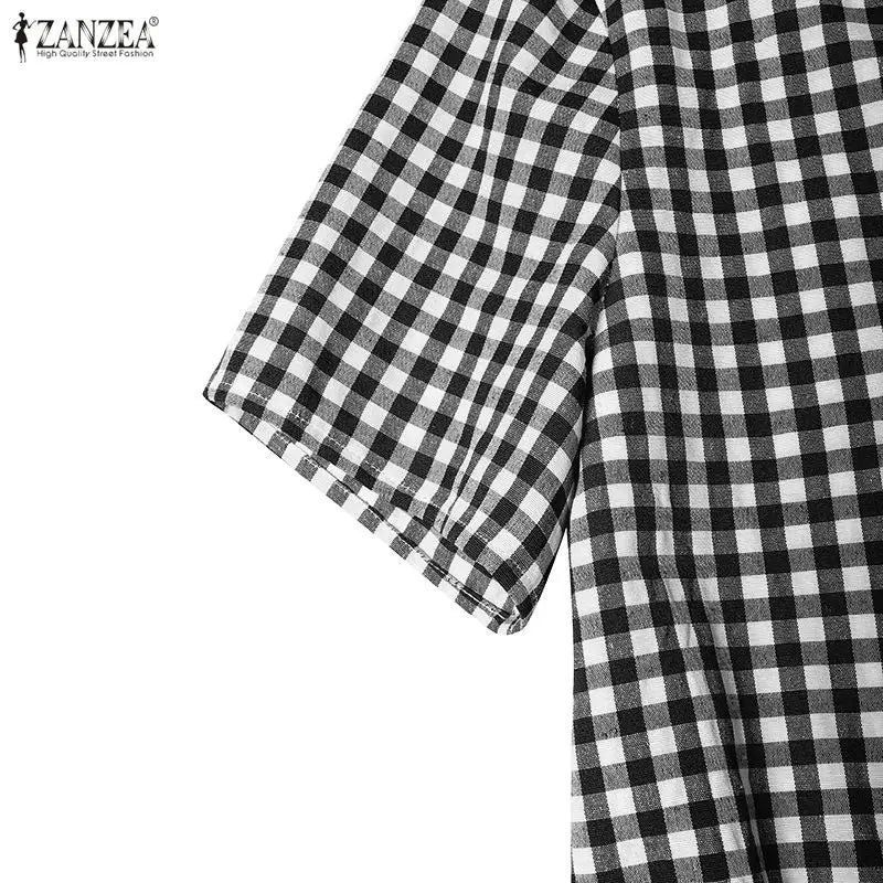 ZANZEA Women's Vintage Gingham Short Sleeves Dresses O-Neck Knee-Length Dress 2026 Summer Daily Casual Commute Robes Femme