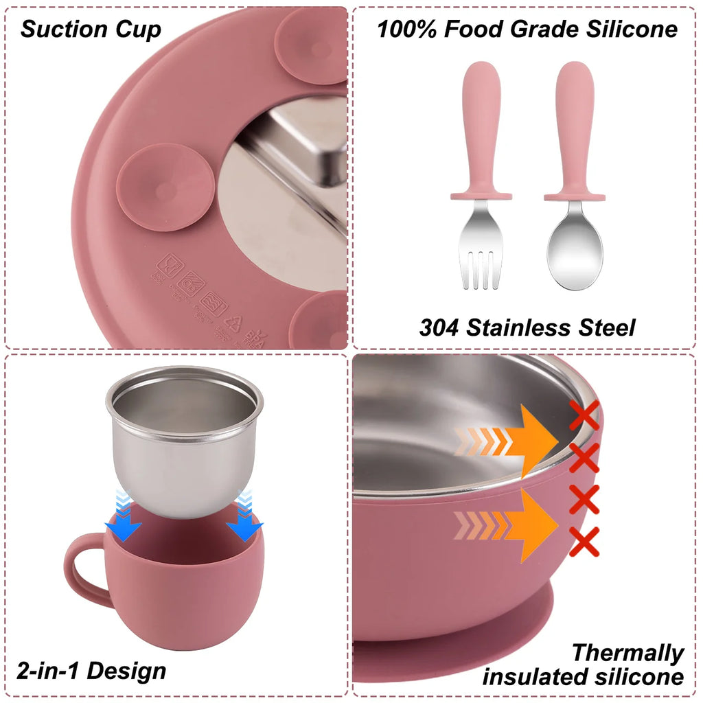 Color Kids 5Pcs Baby Feeding Set Stainless Steel Silicone Tableware Sucker Dishes Plate Bowl Training Fork Spoon Infant Cup