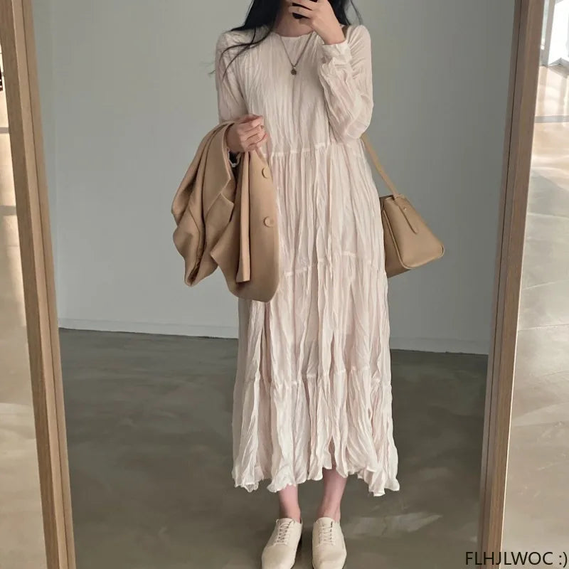 Autumn Spring Wrinkle Loose Dresses New Hot Women Cute Japan Style Retro Vintage Girls Holiday Casual Solid Apricot White Dress
