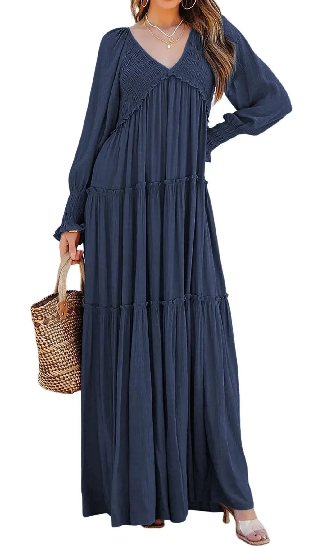 Long Dress Women Vintage V Neck Long Sleeve Dresses Loose Y2k High Waist Shirring Casual Summer Loose 2026 Elegant Slight Strech