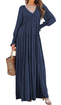Long Dress Women Vintage V Neck Long Sleeve Dresses Loose Y2k High Waist Shirring Casual Summer Loose 2026 Elegant Slight Strech