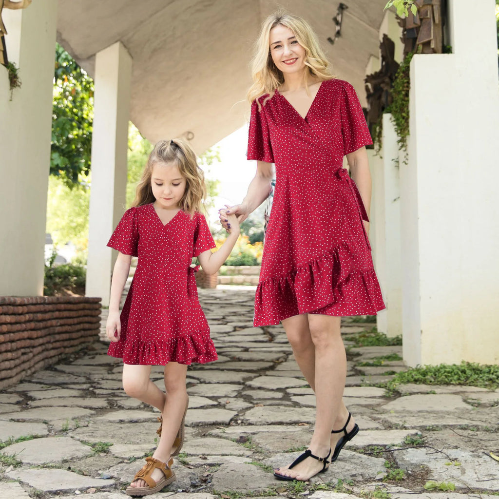 Summer 2026 Polka Dot Print Mom and Daughter Matching Clothes Ruffles Lace-up Dresses Short Sleeve Mini Dress Cute Holiday Look