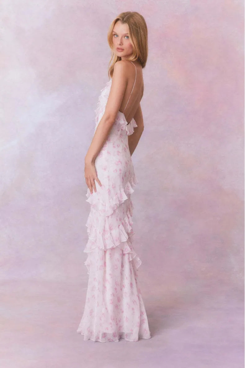Lotus Leaf Edge French Floral Backless Dress Slim Fit Chiffon Solid Color Holiday Party Birthday Party Long Dress