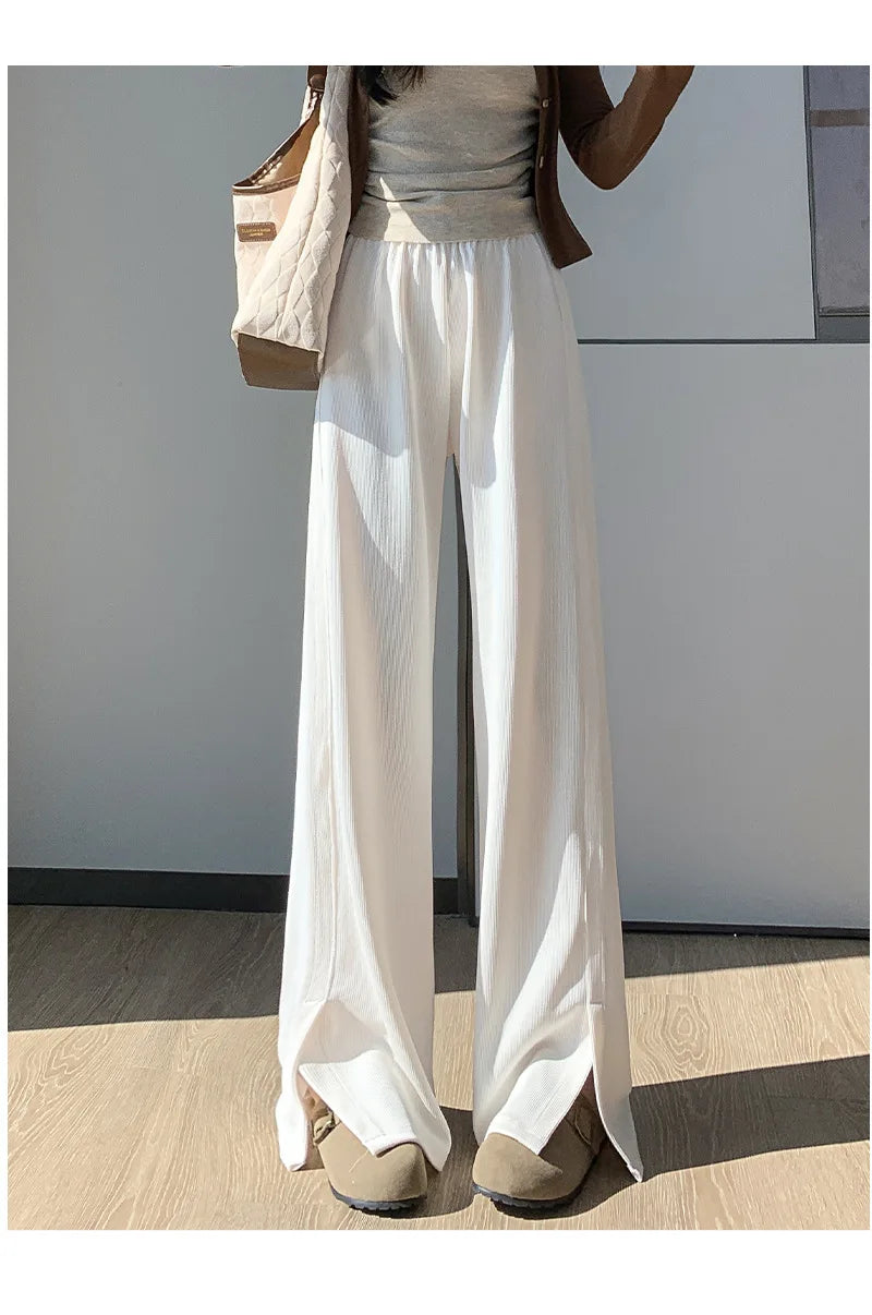 Women's High Waist Wide Leg Knitted Pants - Side Split Casual Long