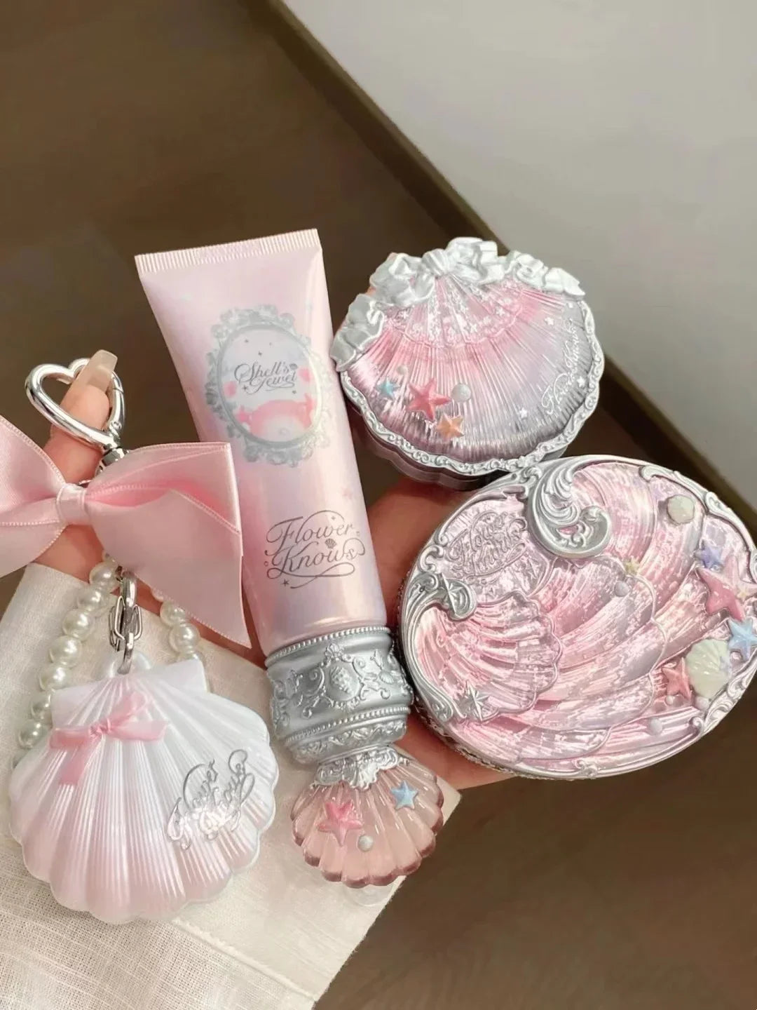 Flower Knows Shells Pearl Eyeshadow Essence Lip Honey Blush Cheek Makeup Front 11 pieces set