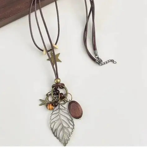 Trend Fine Jewelry Leaf Feather Pendant Rope Chain Bohemian Unisex Necklace For Women And Men