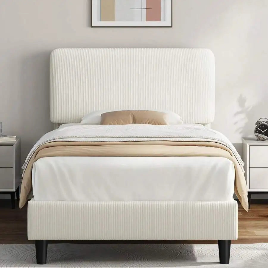 1PC Twin/Full/King Bed Frame With Adjustable Headboard, Mattress Foundation With Wooden Slat Support, Chenille Fabric Upholstered Headboard