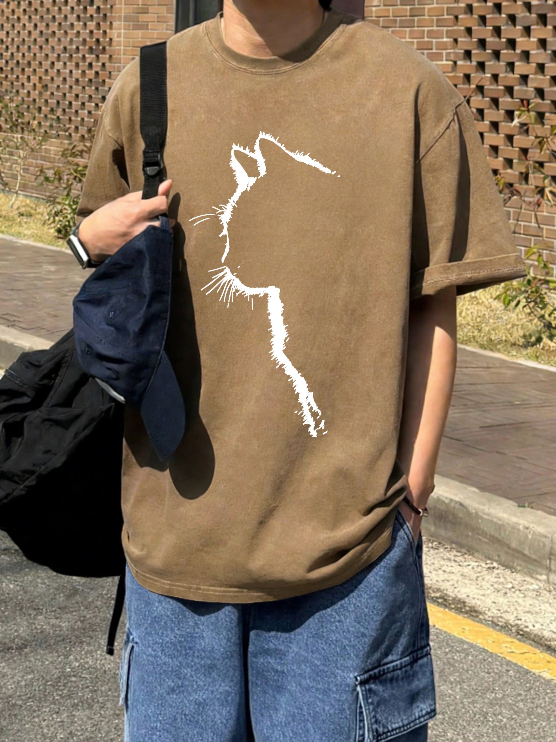 Cat Silhouette Men's T Shirt Ultra Breathable Cotton Summer T Shirt Oversized Loose Fit Vintage Style For Cat Lovers