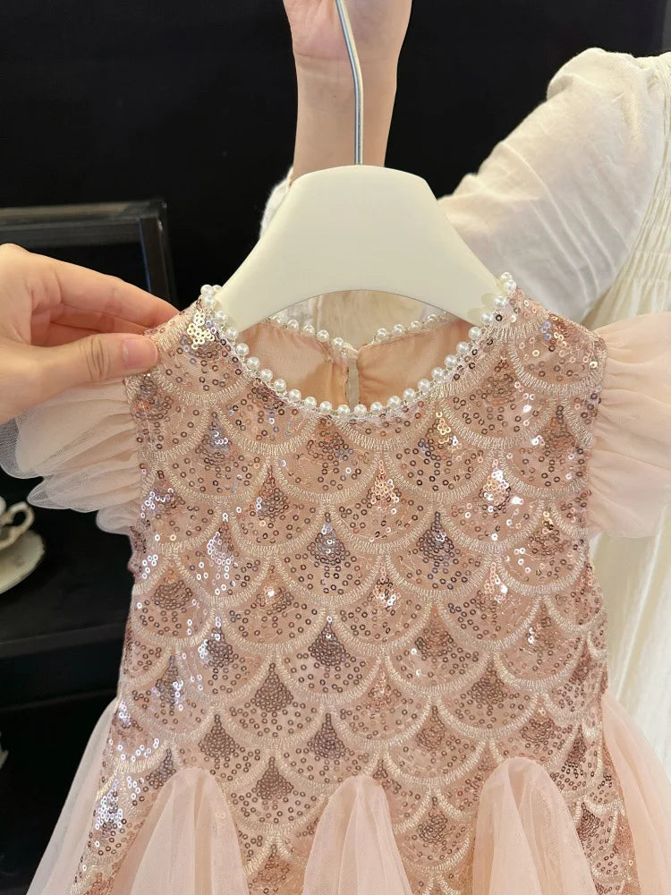 2026 New Summer Party Dresses for Girls Children's Elegant Fashion Mesh Flying Sleeves Sequined Tank Top Princess Skirt S3069