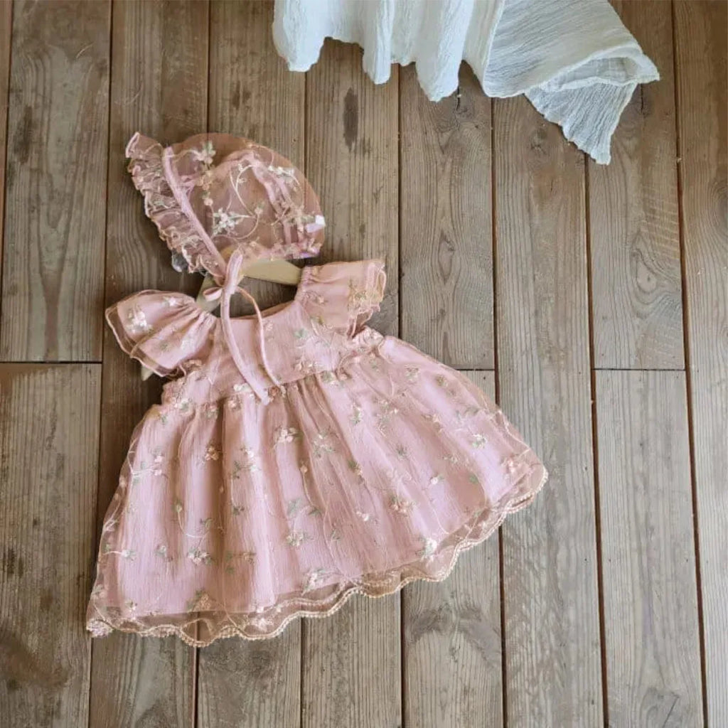2026 Summer New Baby Girl Short Sleeve Princess Dress Sweet Girls Flower Embroidery Mesh Dress Fashion Children Clothes