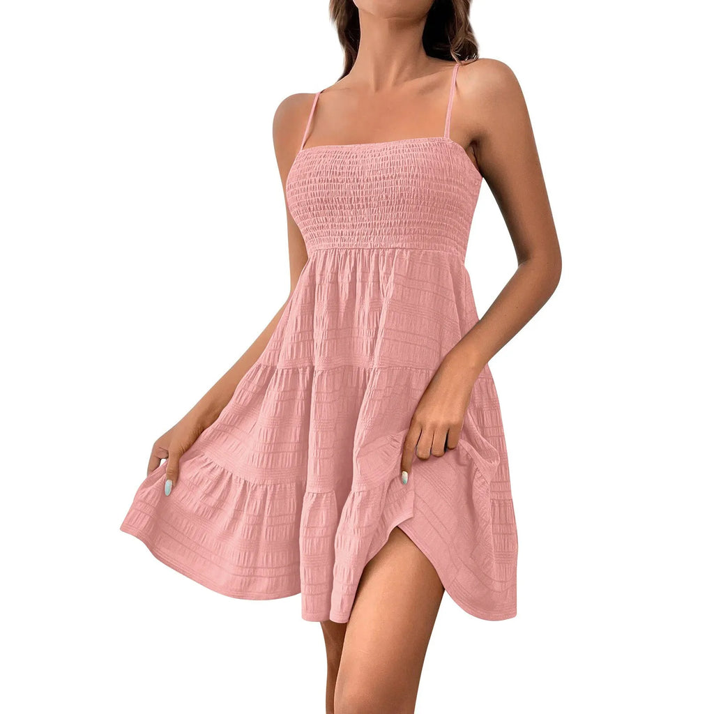 Bohemian Beach Sundress Women Sexy Sleeveless Backless Big Swing Mini Dress Solid Spaghetti Strap Ruffles Dresses Vestidos