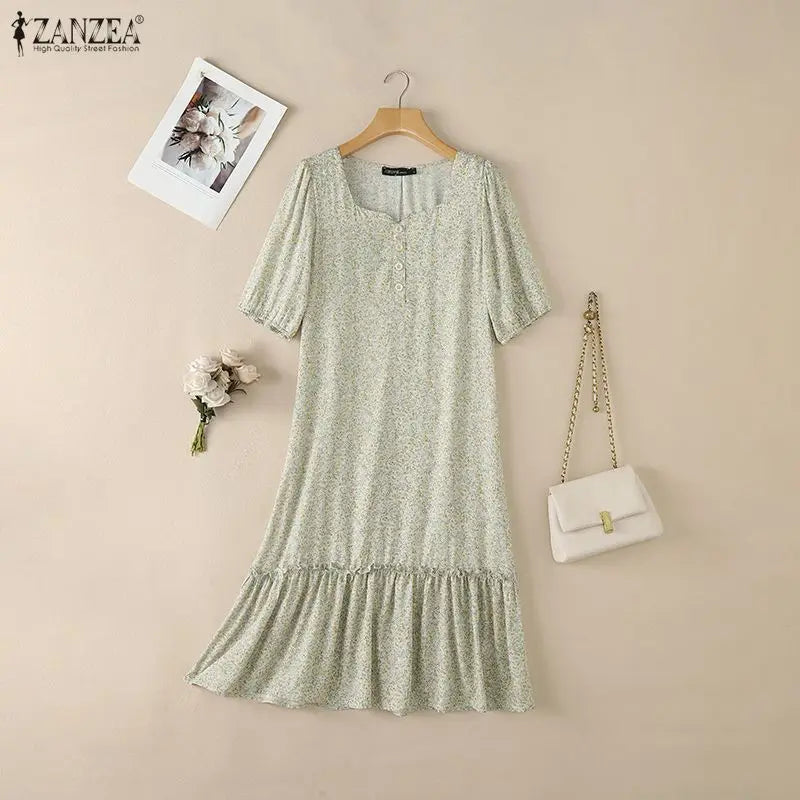 ZANZEA Women's Floral Printed Midi Dress Square Neck Half Puff Sleeve A-Line Dresses Summer Pullover Ruffled Hem Robes Femme