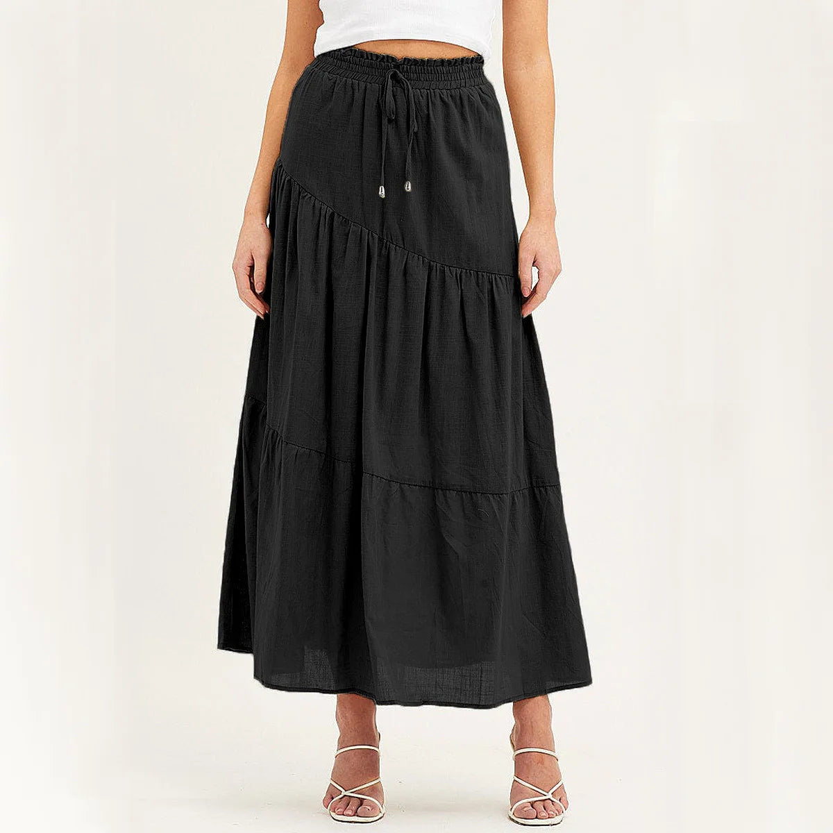 Skirts women 2025 casual Premium cotton linen Solid color high-waisted elastic A-line large hem pleated skirts women's clothing