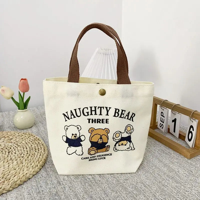 Bear Shape Canvas Tote Bag For Women Cute Mini Handheld Lunch Bag Student School Bag Gift Bag