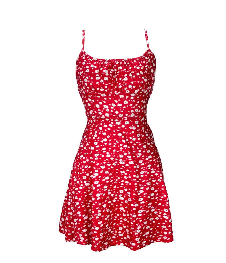 Women Sleeveless Cami Dress Floral Printed Tie Strap Square Neck Ruched Flowy Short Dress for Beach Vacation