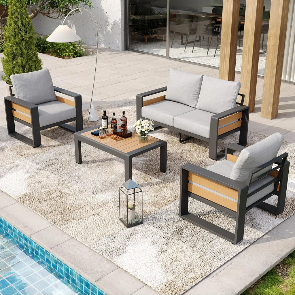 Aluminum Outdoor Sectional Sofa 4-Piece Patio Furniture with Olefin Cushions & Waterproof Cover for Backyard, Customized