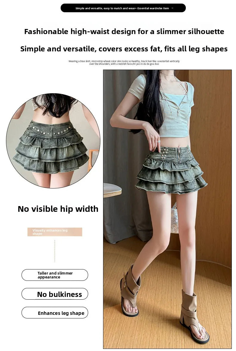 American Style Spicy Girl Design Elastic Denim Cake Short Skirt Women's Summer Pure Desire High Waist Slimming Pleated  S...