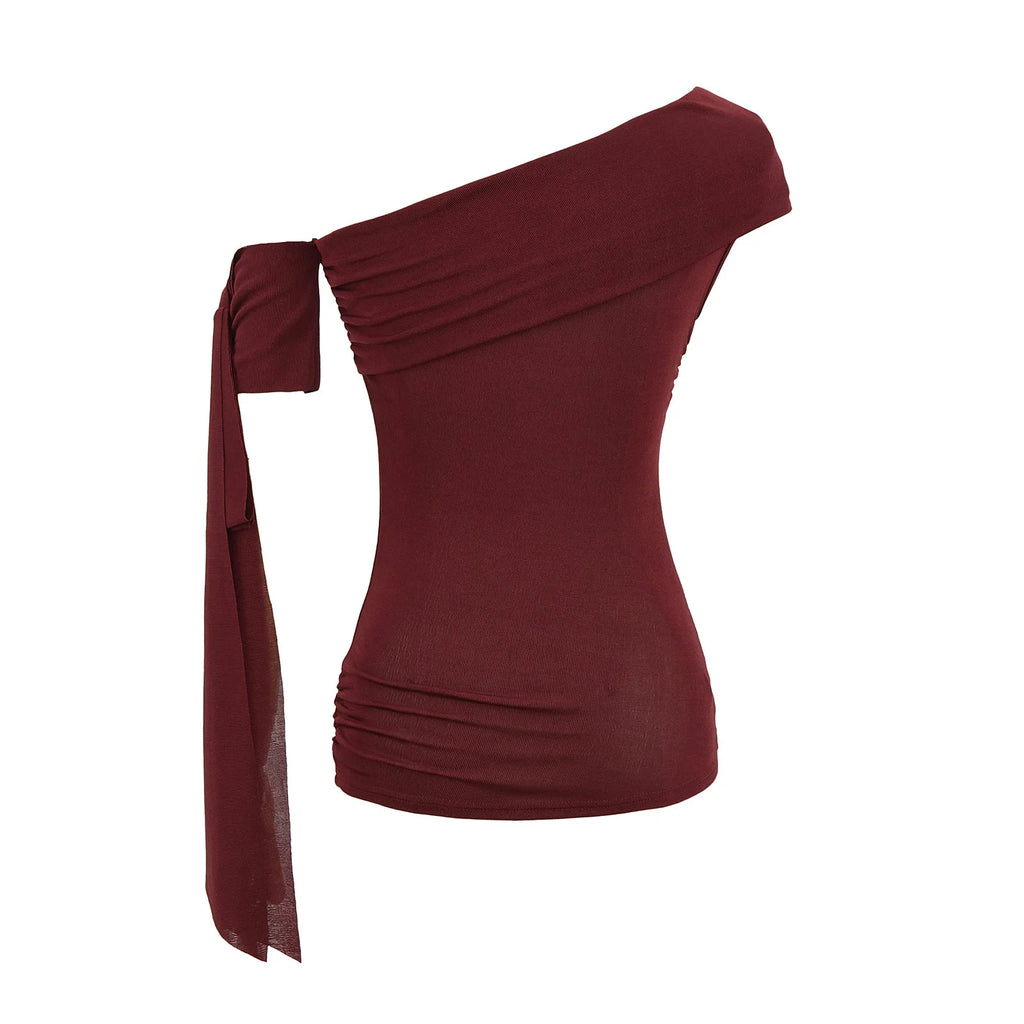 Sexy Pure Desire Short Sleeve T-Shirt Women's Spicy Girl Sash One Shoulder Tube Top Short Length Slim Fit Casual Noble