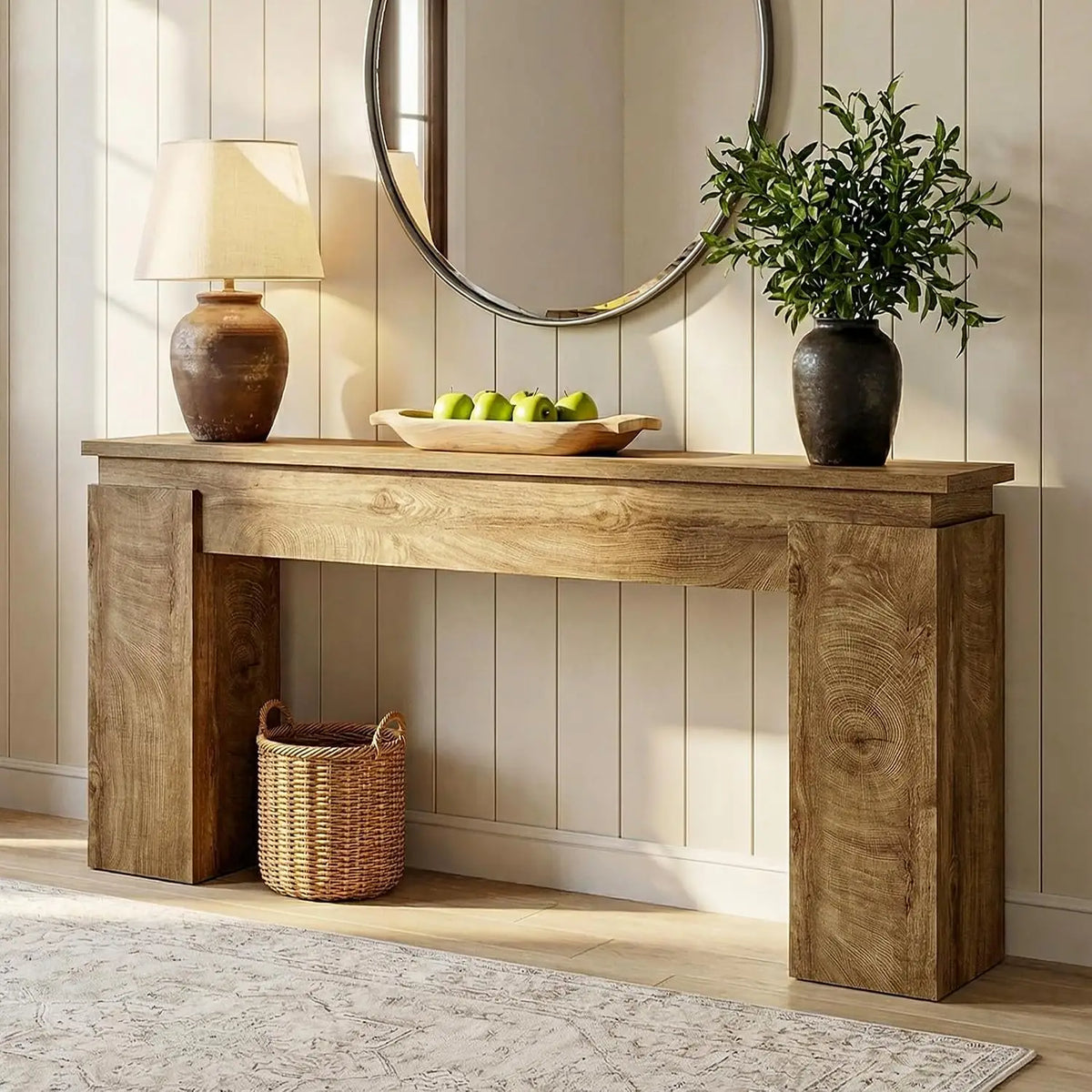 63-Inch Console Sofa Table, Farmhouse Rustic Entryway Table with Open Storage for Living Room & Hallway, Natural Oak, Customized
