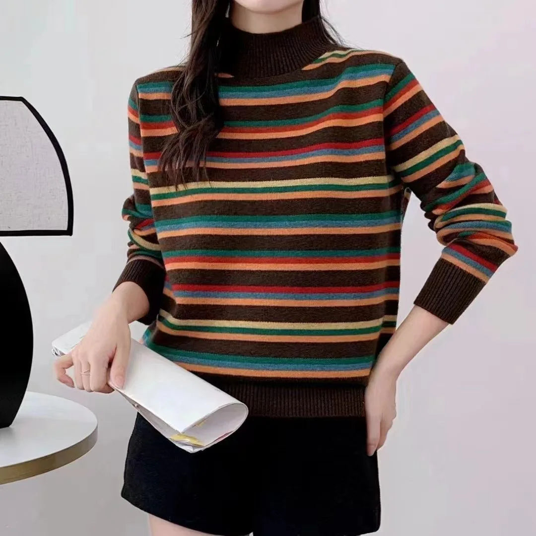 2026 Autumn Winter Thickened Warm Knitted Sweater Women's Loose Fit Color Block Striped High Collar Fashionable Base Shirt