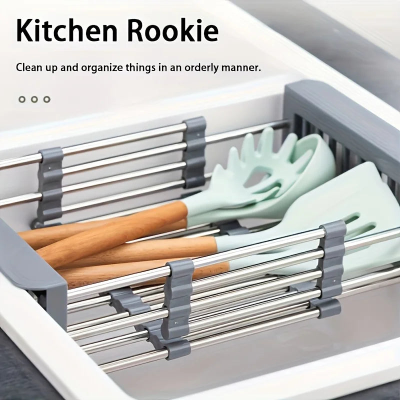 Fregadero de Cocina Escurridor de Acero Inoxidable Escurridor Extensible para Platos Cesta de Drenaje para Lavar Frutas y Verduras Estante de Almacenamiento