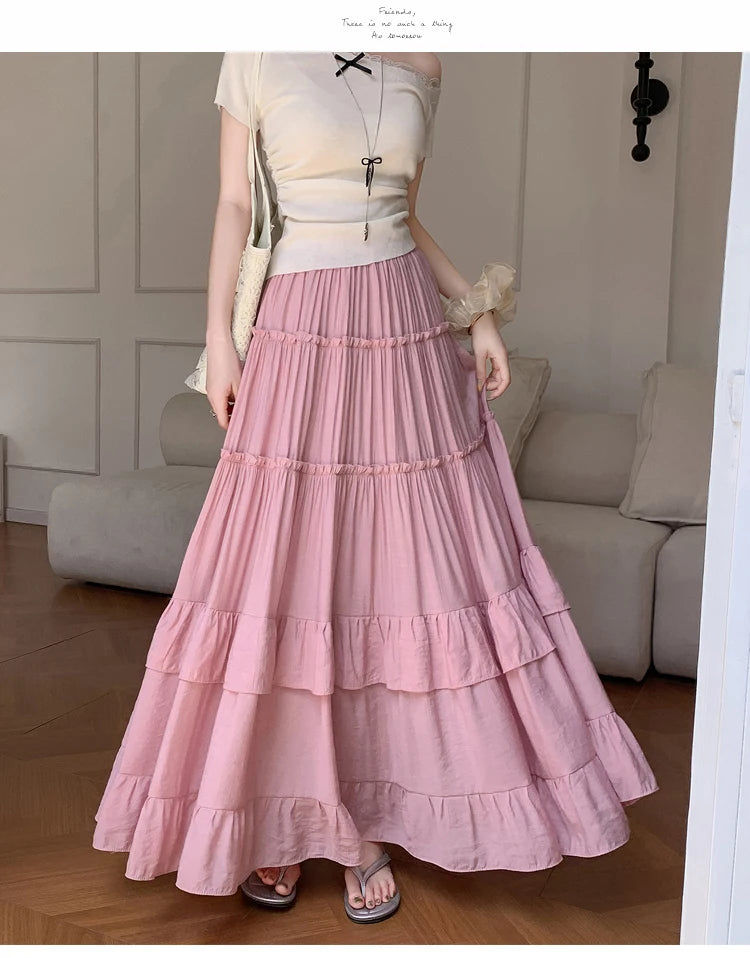 White Tiered Ruffle Hem Skirt 2025 - High Waist Flowy A-Line Maxi Skirt, Summer Chiffon Layered Skirt with Pleats