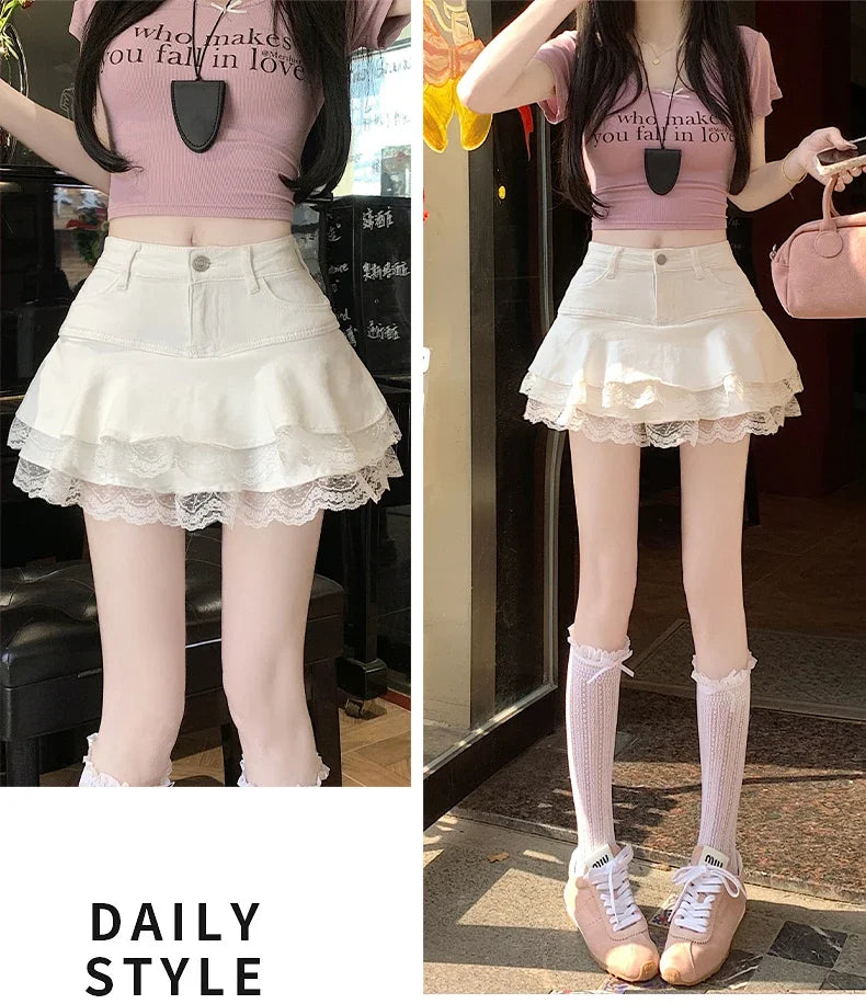 Summer Denim Skirt Women Fashion Streetwear Ruffles Kawaii Lace Skirts Shorts Preppy Mini Y2K School Pleated Jeans Skirt 2026