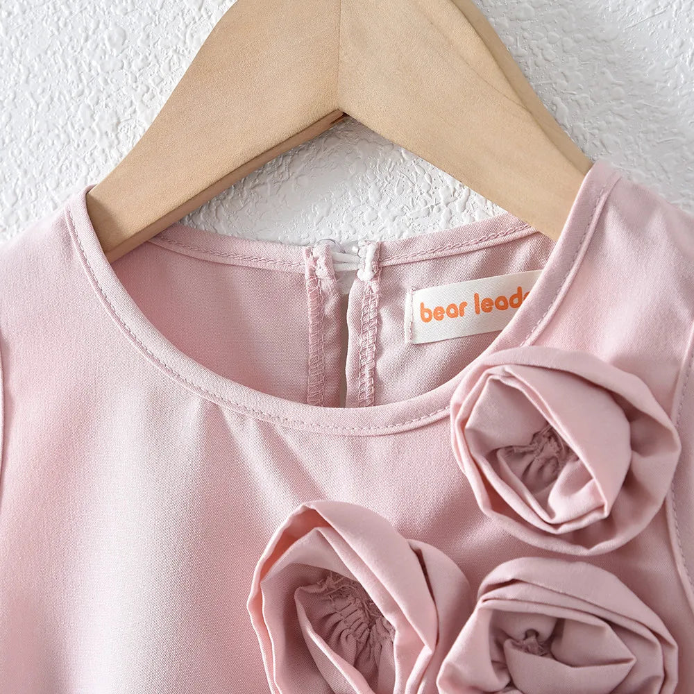 Bear Leader Pink Sweet Cute Princess Girl Dresses 3D Flower Decoration Sleeveless Birthday Party Dress Solid Color Kids Clothes