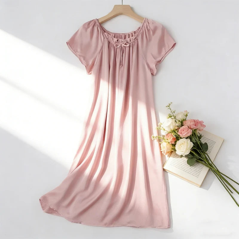 Women's Summer Casual Clothing 100% Natural Mulberry Silk Plain Satin Loose Short Sleeved Solid Color Princess Nightdress
