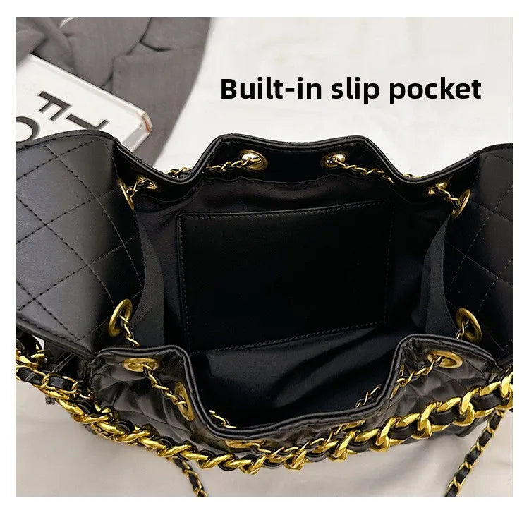 Quilted shoulder underarm bag, large-capacity hobo bag, bucket drawstring chain crossbody bag, women's handbag