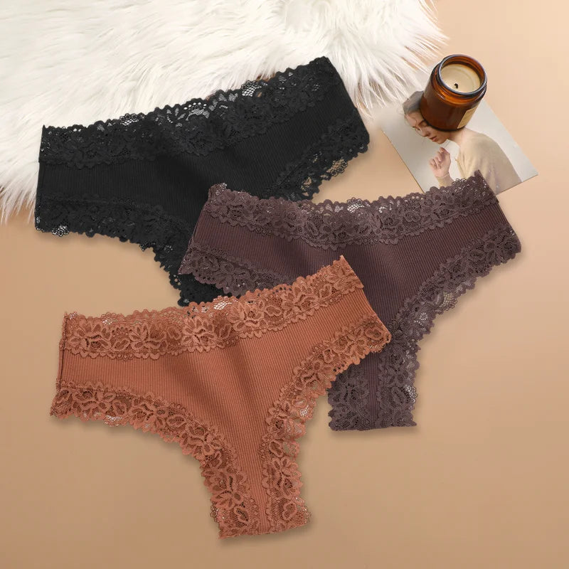 Women Cotton Panties Set 3 Pieces Floral Lace Patchwork Briefs Breathable Soft Underwear Size S XL