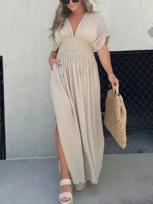 Slit V-neck Effortless Maxi Dress Solid Color Women Backless Leace-up Bat Sleeve Slit Dress Casual Beach Vacation Daily Wear