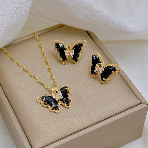 Butterfly Necklace And Earring Set For Women Micro Inlaid Design Transparent Stainless Steel Light Luxury Jewelry