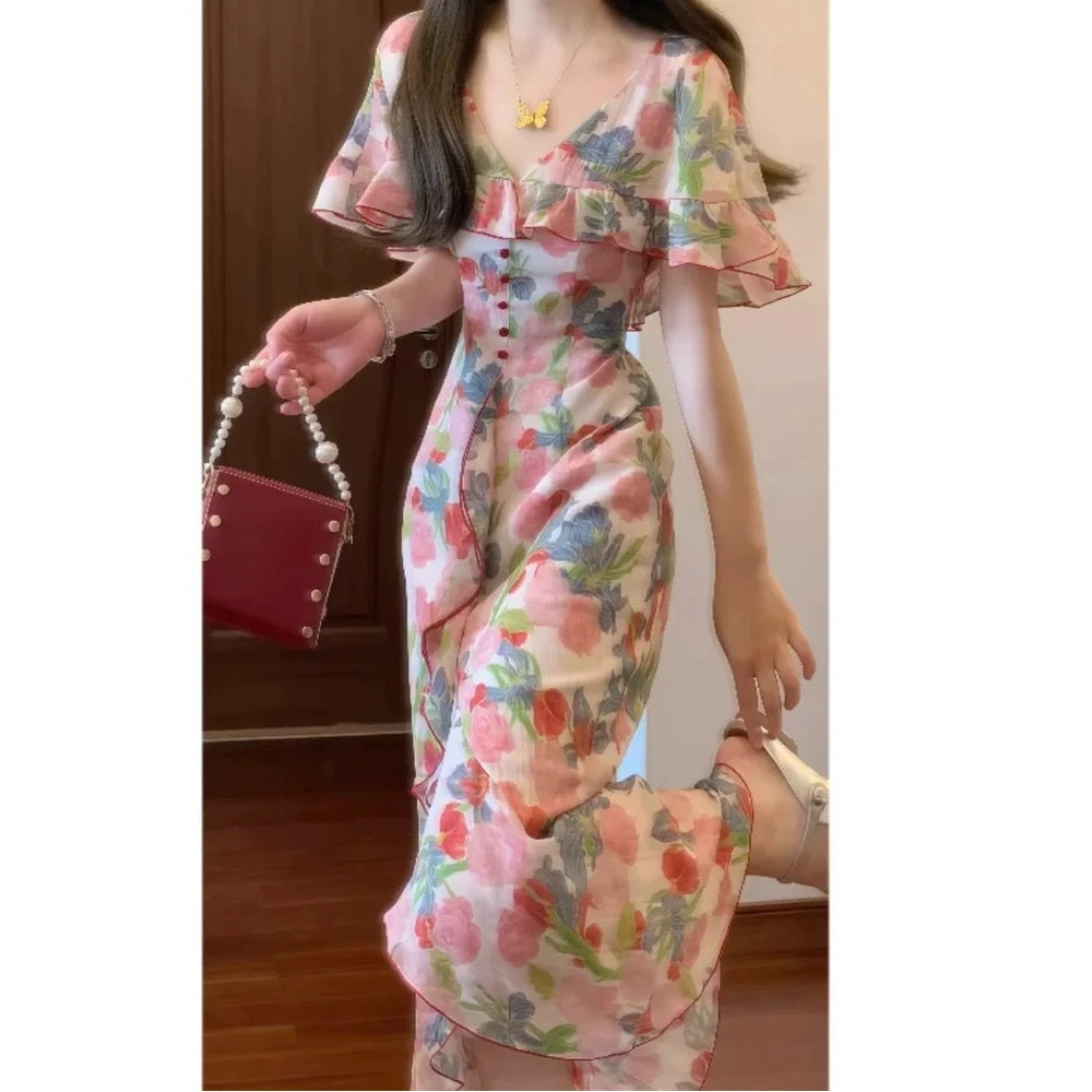 Romantic Elegant Vintage Floral Print Women's Dress Summer Slimming Long Skirt High Waist Short Sleeve A-Line Midi Dress