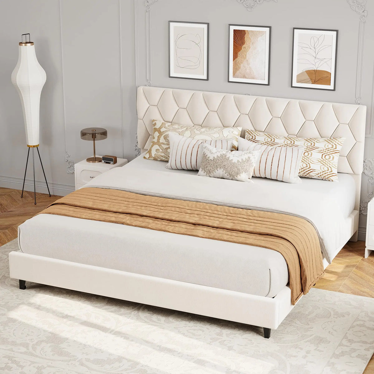 Upholstered Platform Bed Frame with Padded Headboard - Heavy-Duty Wood Slat Support, Noise-Free Non-Slip, No Box Spring Needed, Easy Assembly - KING