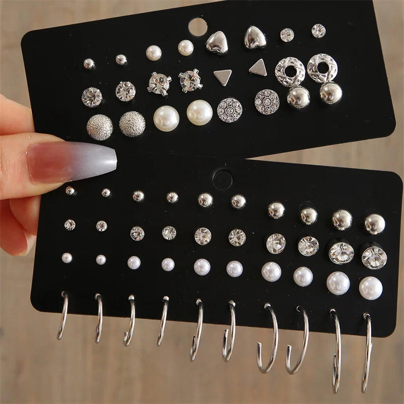 Trendy Vintage Gold Color Earrings Set Pearl Stud Earrings For Women'S Korean Geometric Crystal Small Earrings 2024 Brincosjewelry