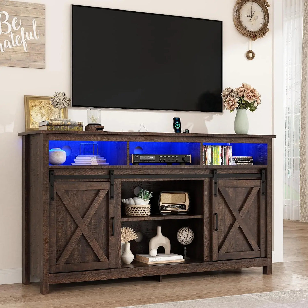 57" Farmhouse TV Stand with LED Lights, Power Outlets & Barn Doors
