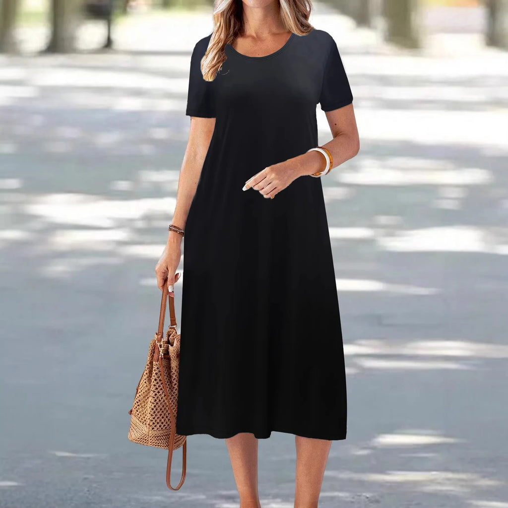 Casual Versatile High Quality round Neck T-Shirt Dress Fashionable Trendy Polyester Long Skirt Elegant Style All-Match Design