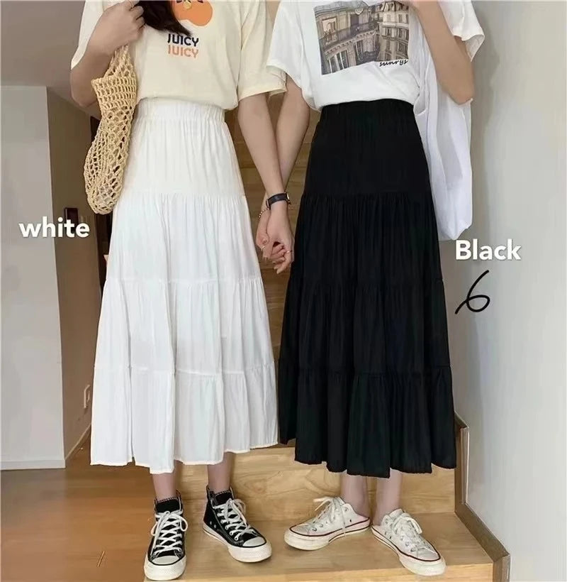 Casual Vintage Women Skirt Matching Chic Lady's White Skirt Sweet Girl's Cake Skirt Elastic Waist A-Line Mid Length Flare Skirt