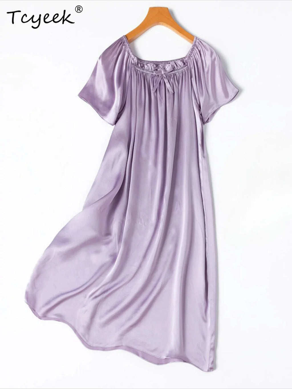 Tcyeek 21MM 100% Mulberry Silk Night Dress for Women Comfortable Sleepwear Women's Home Clothes Thin Purple Sommerkleid Damen
