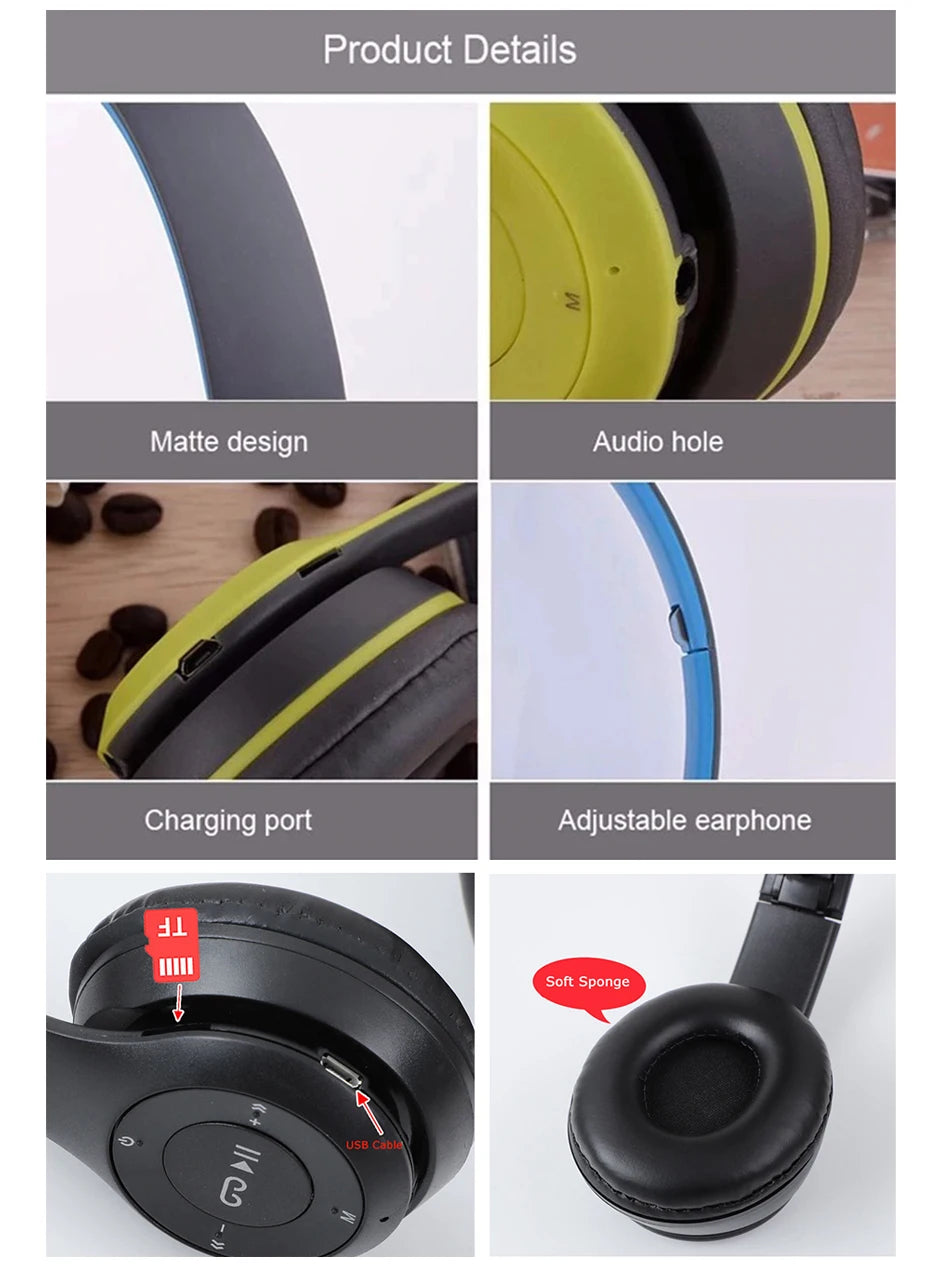 Auriculares inalámbricos P47 Bluetooth 5.0 Auriculares plegables HIFI estéreo graves para música, juegos, auriculares para niños y niñas para iPhone XiaoMi