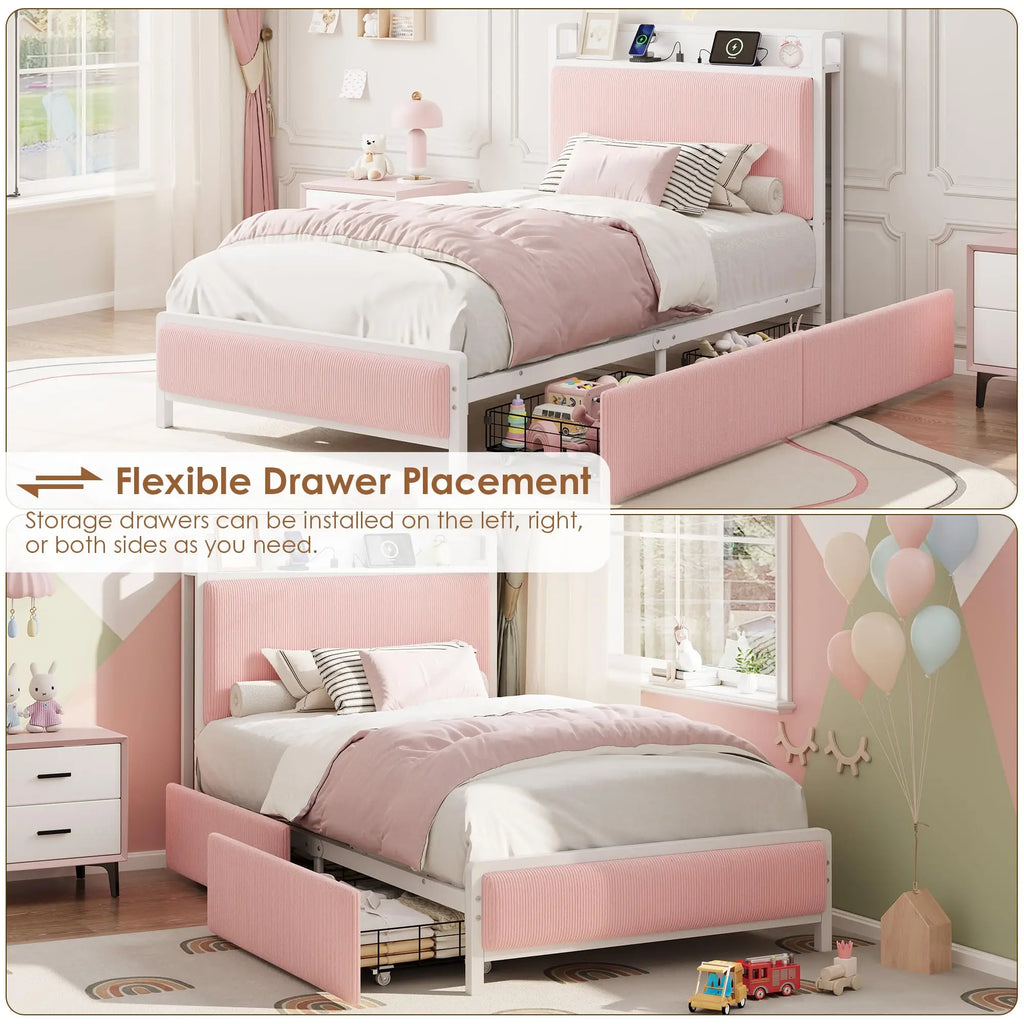 Twin/Twin XL Bed Frame With 2 Drawers, Charging Station, Corduroy Upholstered Shelf Headboard, Underbed Storage, No Box Spring