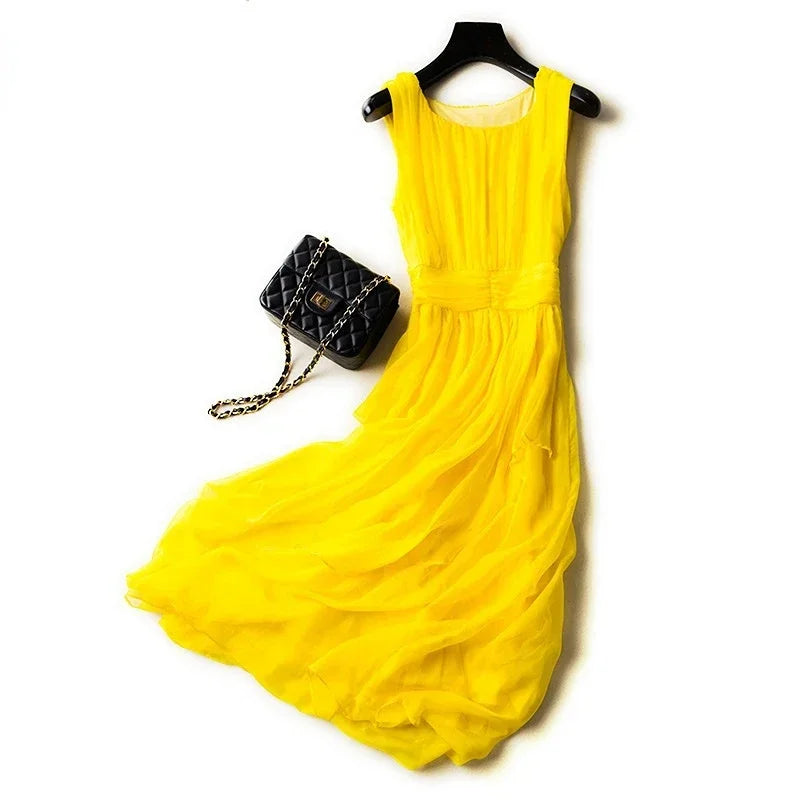 100% Mulberry Silk Dress Slim Silk Dress 2024 Summer Women's Clothing Super Fairy Beach Dresses Long Elegant Dresses For Women