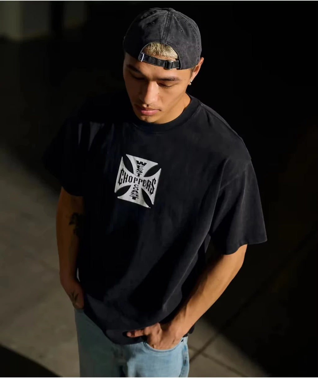 Retro Biker Cross Graphic T Shirt Men Women Black Cotton Oversized Short Sleeve Streetwear Casual Motorcycle Style Tee Tops