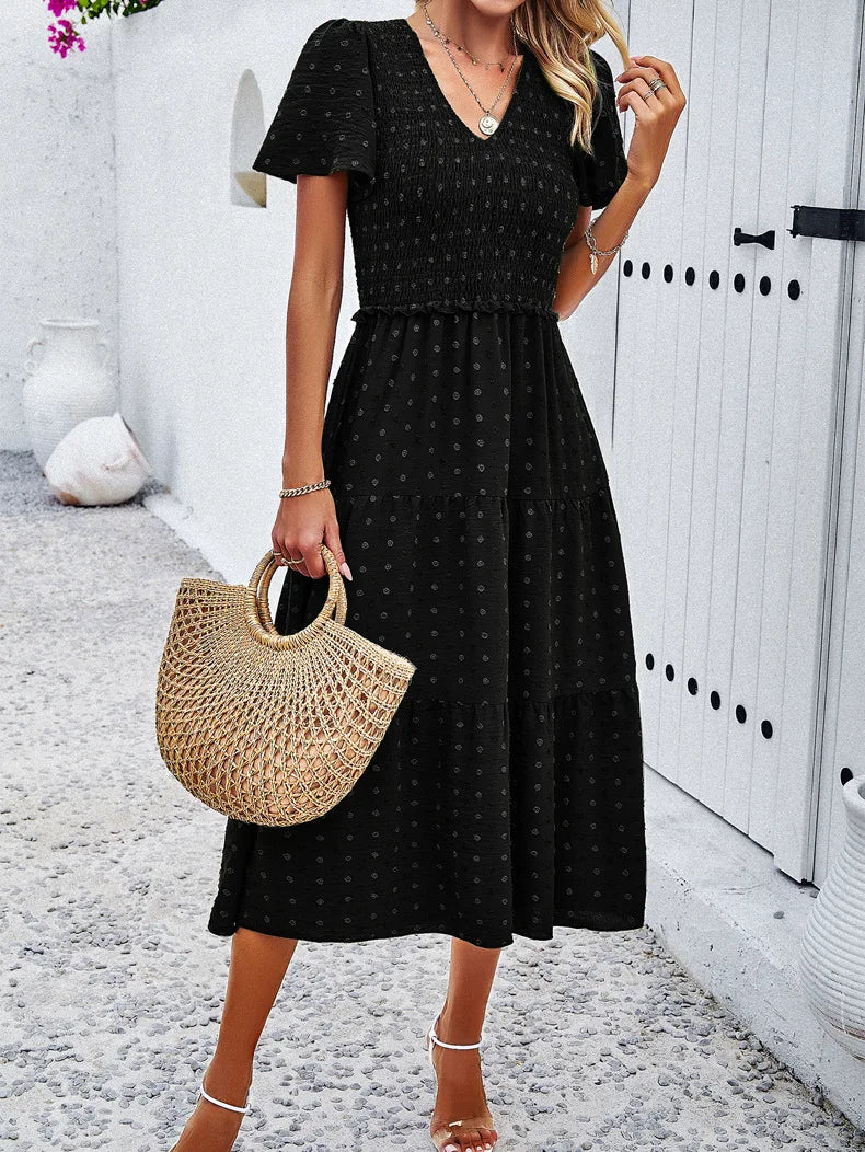 Summer Women's Casual Polka Dot Long Dress Vacation Boho Short Sleeve Solid V-neck Beach Sundress Elastic Waist Midi Dresses