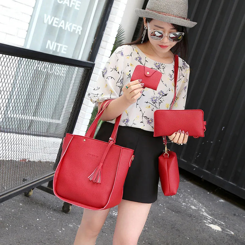 4pcs Elegant Minimalist Women'S Shoulder Bag, Handbag, Crossbody Bag, Women Storage Bag, Holiday Gift, Synthetic, Zipper Closure