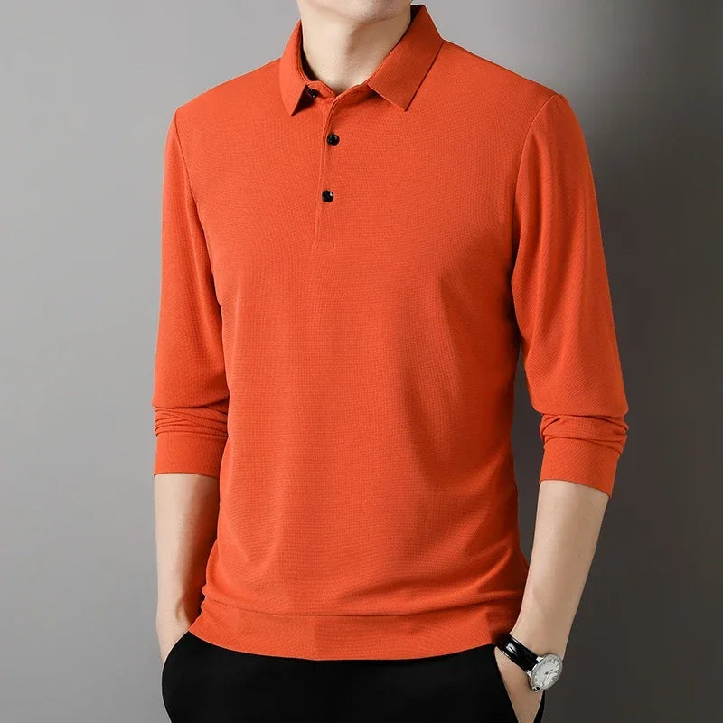 Men's Waffle Polo Shirt - Long Sleeve Casual Solid Polyester Top