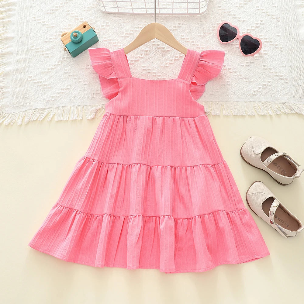 Girls Cake Princess Dress Solid Color Suspender Flying Sleeve Pink Dress Casual Kids Clothes Fashion Summer Wear